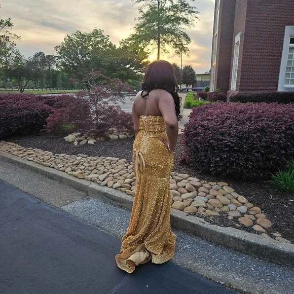Elegant Gold Sequin Strapless Gown - Picture 2 of 3